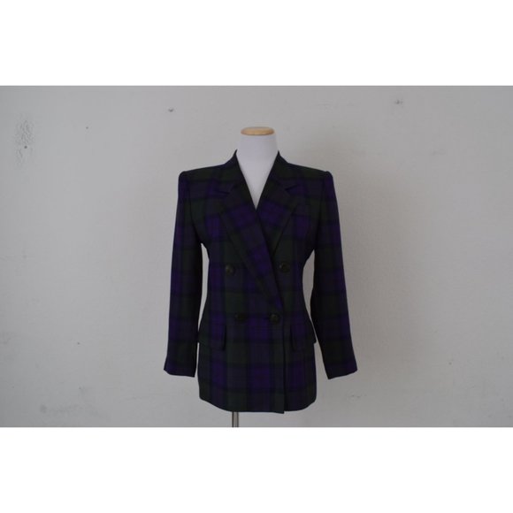 Vintage 90s Green and Purple Plaid Rayon Blazer by KASPER size 8 - Picture 2 of 10